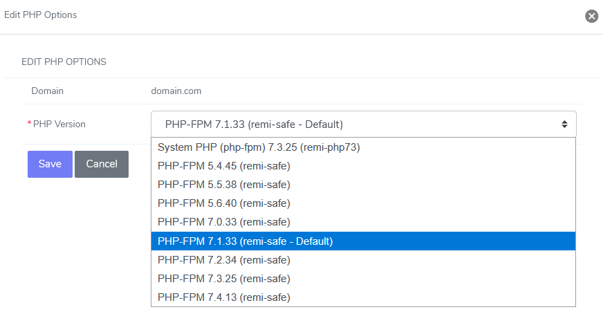 php version dropdown